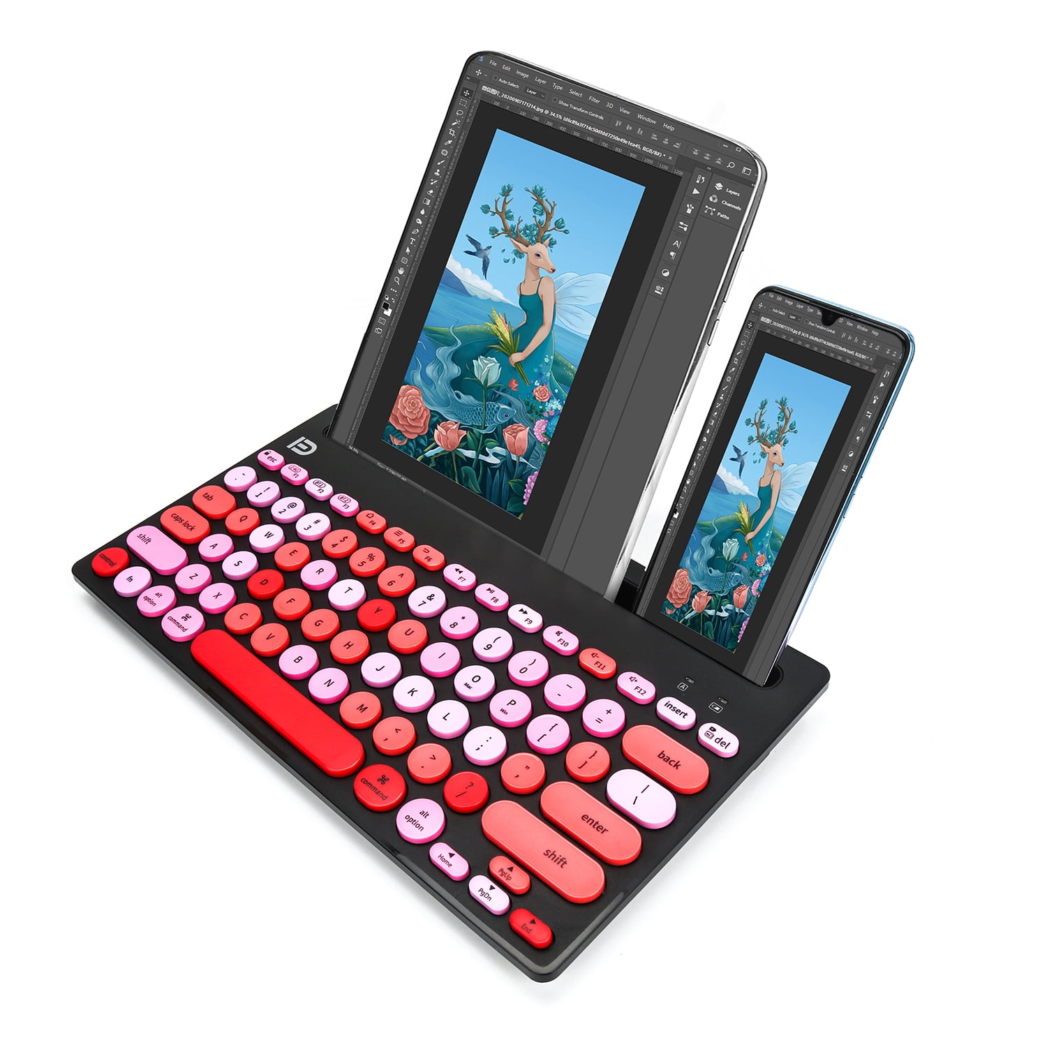 Wireless Keyboard Multi-Device, Bluetooth and 2.4G Dual Mode, Switch to 3 Devices for Cellphone, Tablet, PC, Smart TV, iOS Android Windows, Black Pink