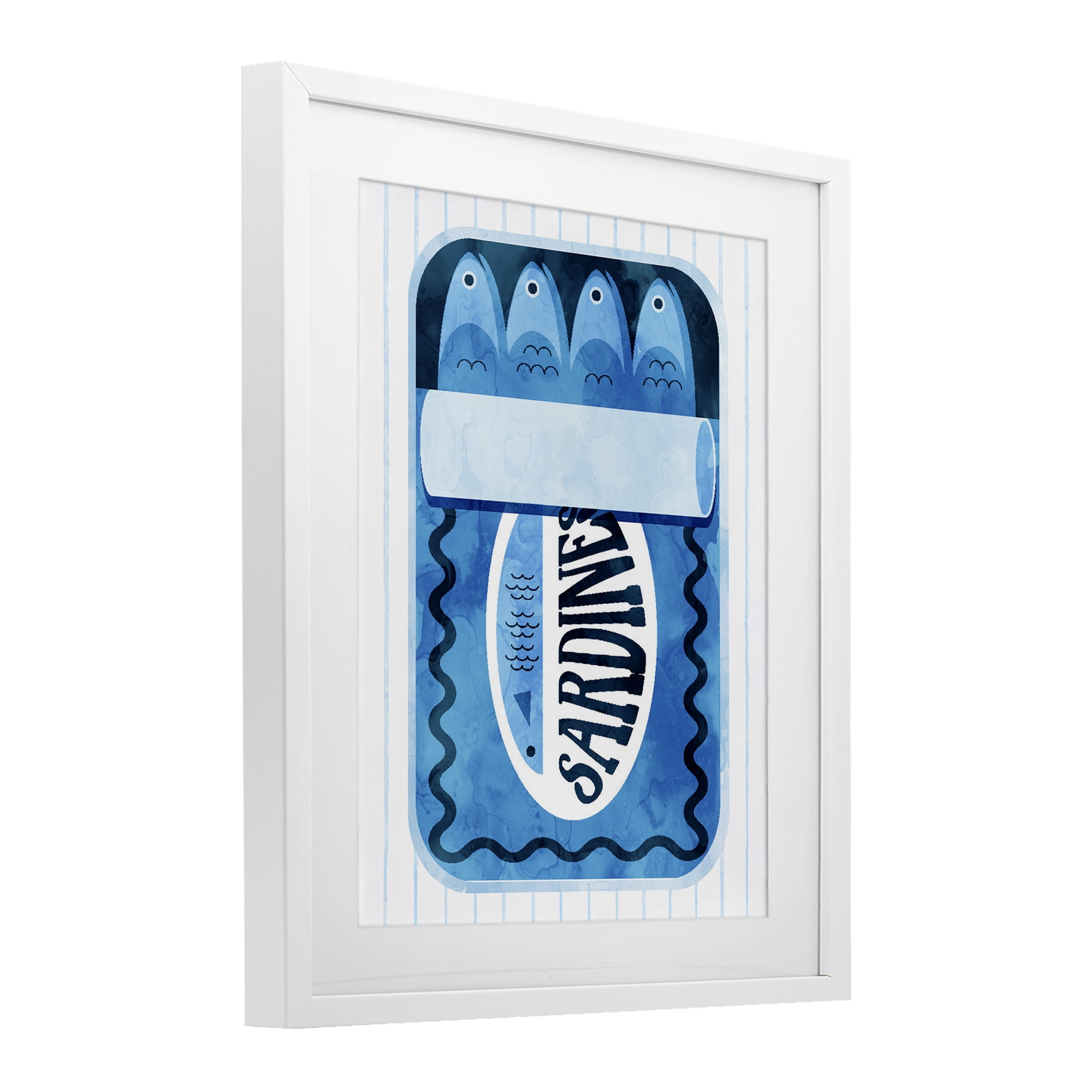 Blue Sardine Tin Over Stripes White Framed Print Under Glass, design by Daphne Polselli