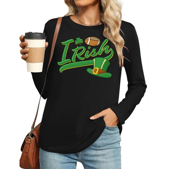 Uootdi St Patricks Day Long Sleeve Shirts for Women Retro Lucky Clover Tshirt Irish Shamrock Graphic Tee Tops Gift