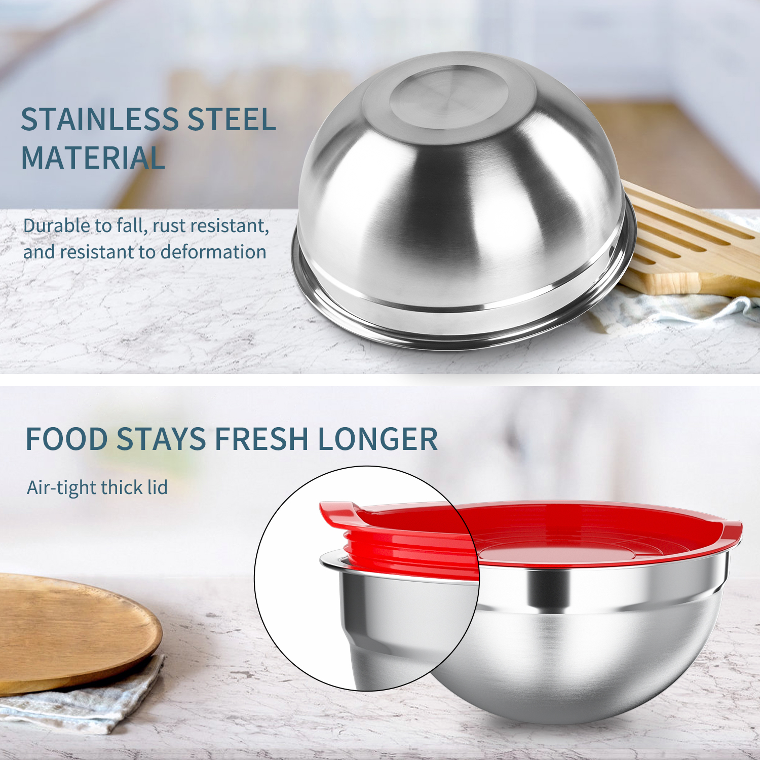 TINANA Mixing Bowls with Lids: Stainless Steel Mixing Bowls Set - 7PCS Metal Nesting Mixing Bowls for Kitchen, Size 7, 4.5, 3, 2, 1.5, 1, 0.7 QT, Great for Prep, Baking, Serving-Multi-Color - image 3 of 7