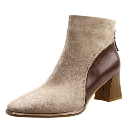 

Fsqjgq Snow Boots for Women Fashion Women Flock Solid Color Autumn Thick Sole Square Heels Zipper Short Booties Square Toe Shoes Womens Cuffed Boots Khaki 37