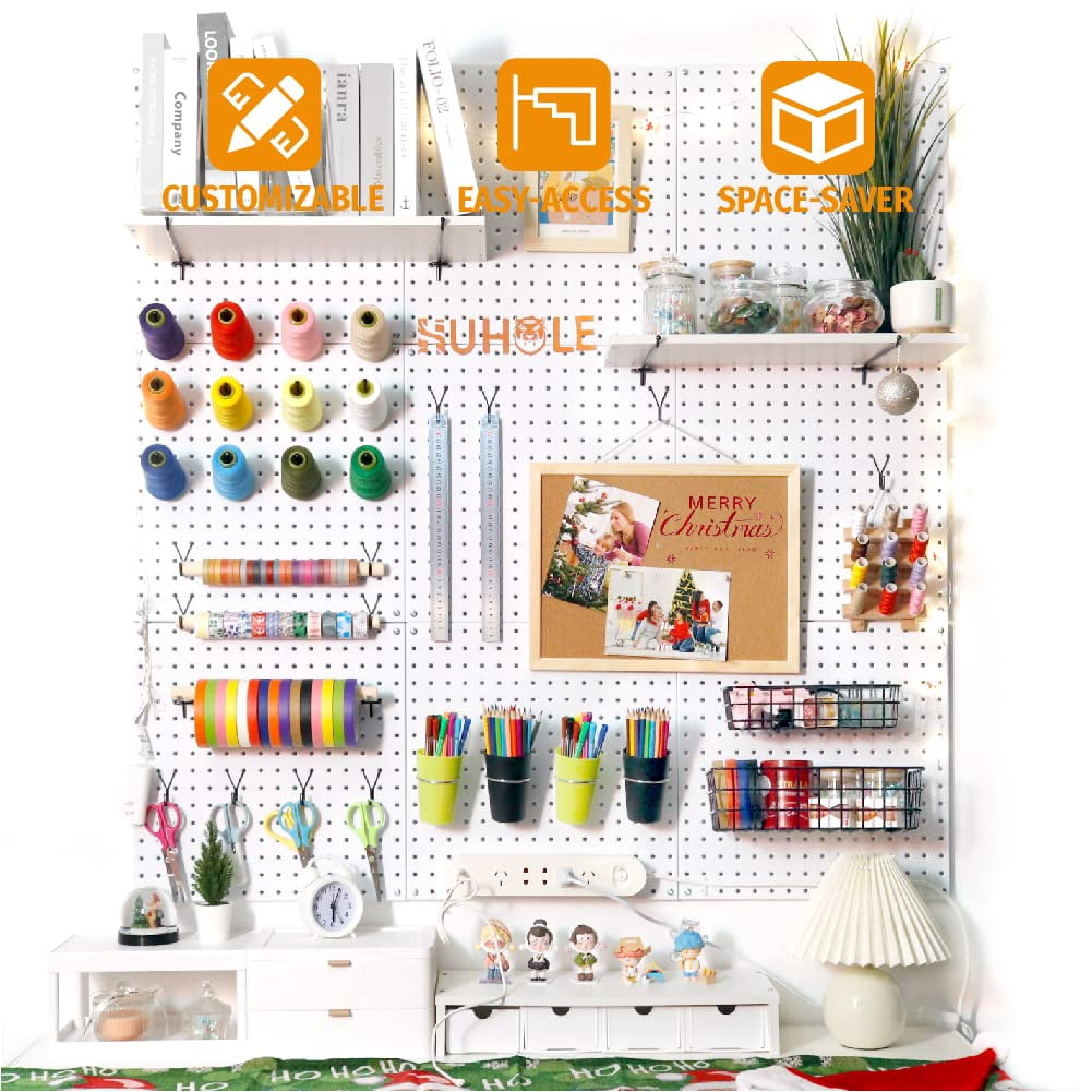 HUHOLE White Pegboard Organizer 4PC, 32-inch X 32-inch Metal Peg Board, Powder-Coated