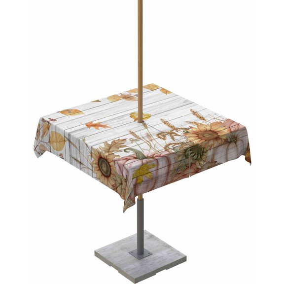 Boanket Outdoor Tablecloth with Umbrella Hole for Patio/Picnic/Party/Camping, Orange Fall Waterproof Table Cloth Square Cover Washable, Thanksgiving Pumpkins Sunflowers Vintage (54"x 54")