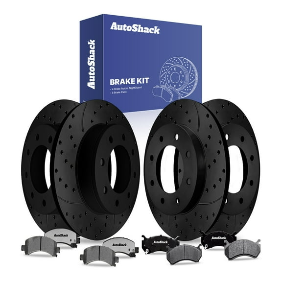 AutoShack Front & Rear Brake Rotors & Ceramic Pads for Chevrolet & GMC, Express 2500 2005 Savana 2500 2004-2005, AWD RWD V8 4.8L 6.0L - E-Coated Drilled & Slotted - Black Finish - NightGuard