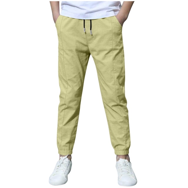 Mgmyaa Boys Joggers Pants Cotton Linen Soild Color Drawstring Elastic Waist Sweatpants Long Pants with Pockets