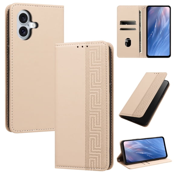 Magnetic PU Leather Wallet Case for iPhone 16, RFID Blocking Flip Phone Cover with Wrist Strap Card Slots Cash Pocket Kickstand Full Body Protection for iPhone 16, Beige