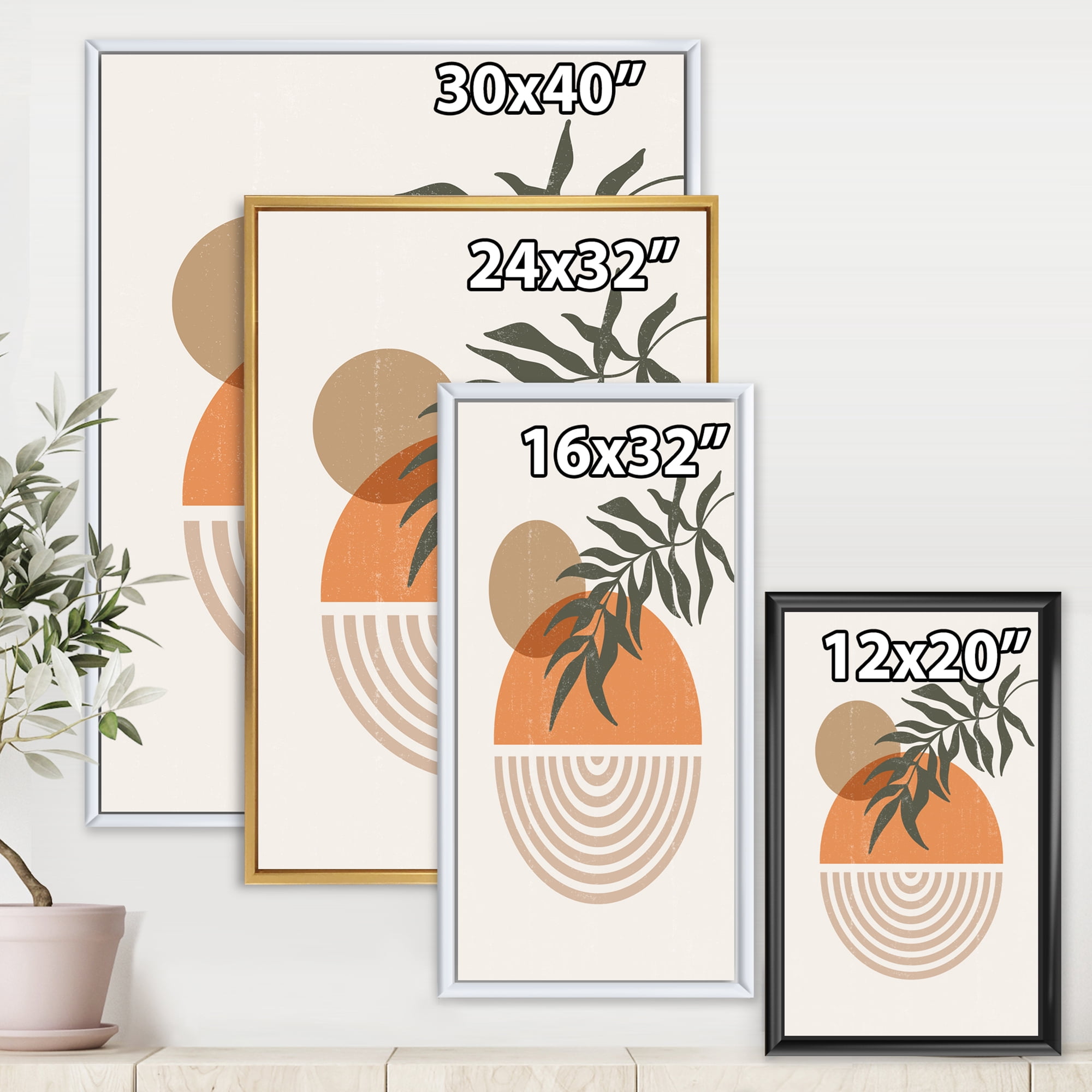 Designart 'Abstract Geometrical Moon and Sun With Leaf I' Modern Framed Canvas Wall Art Print