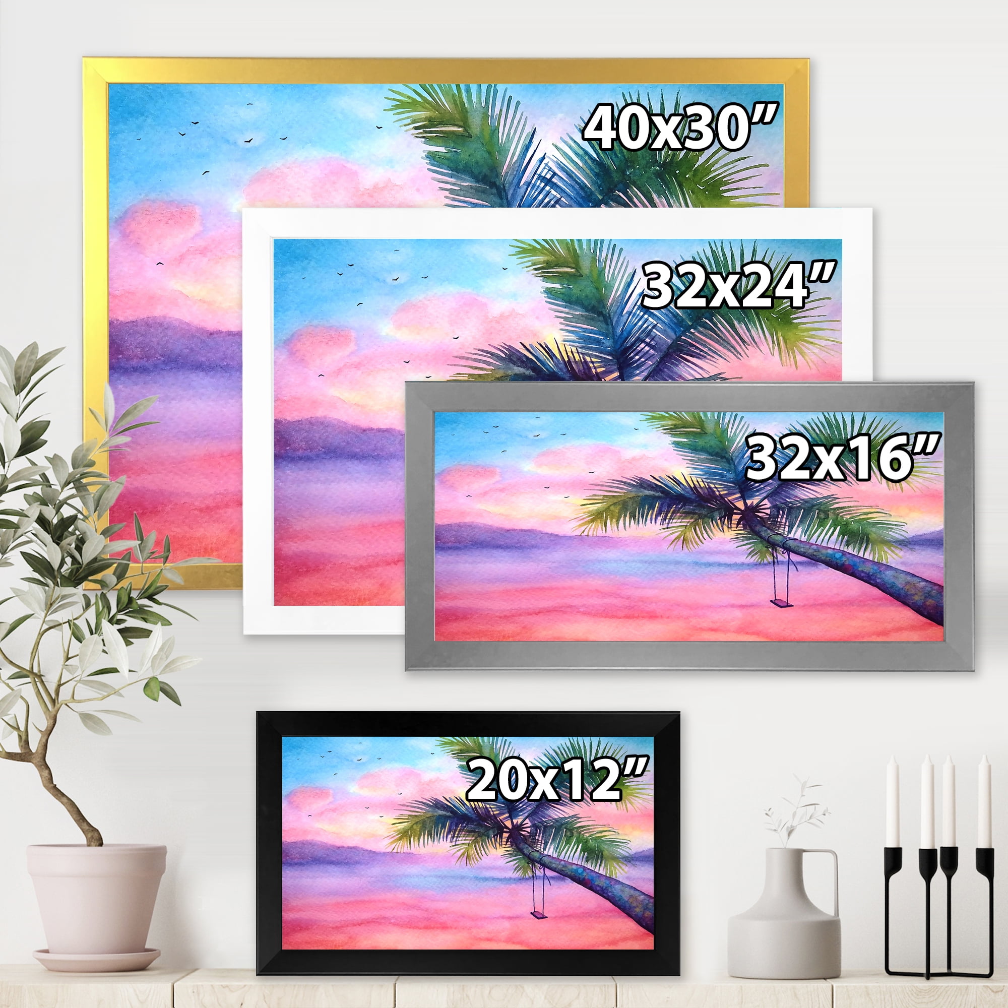 Designart 'Vivid Sunset Landscape With Swing and Palm' Nautical & Coastal Framed Art Print