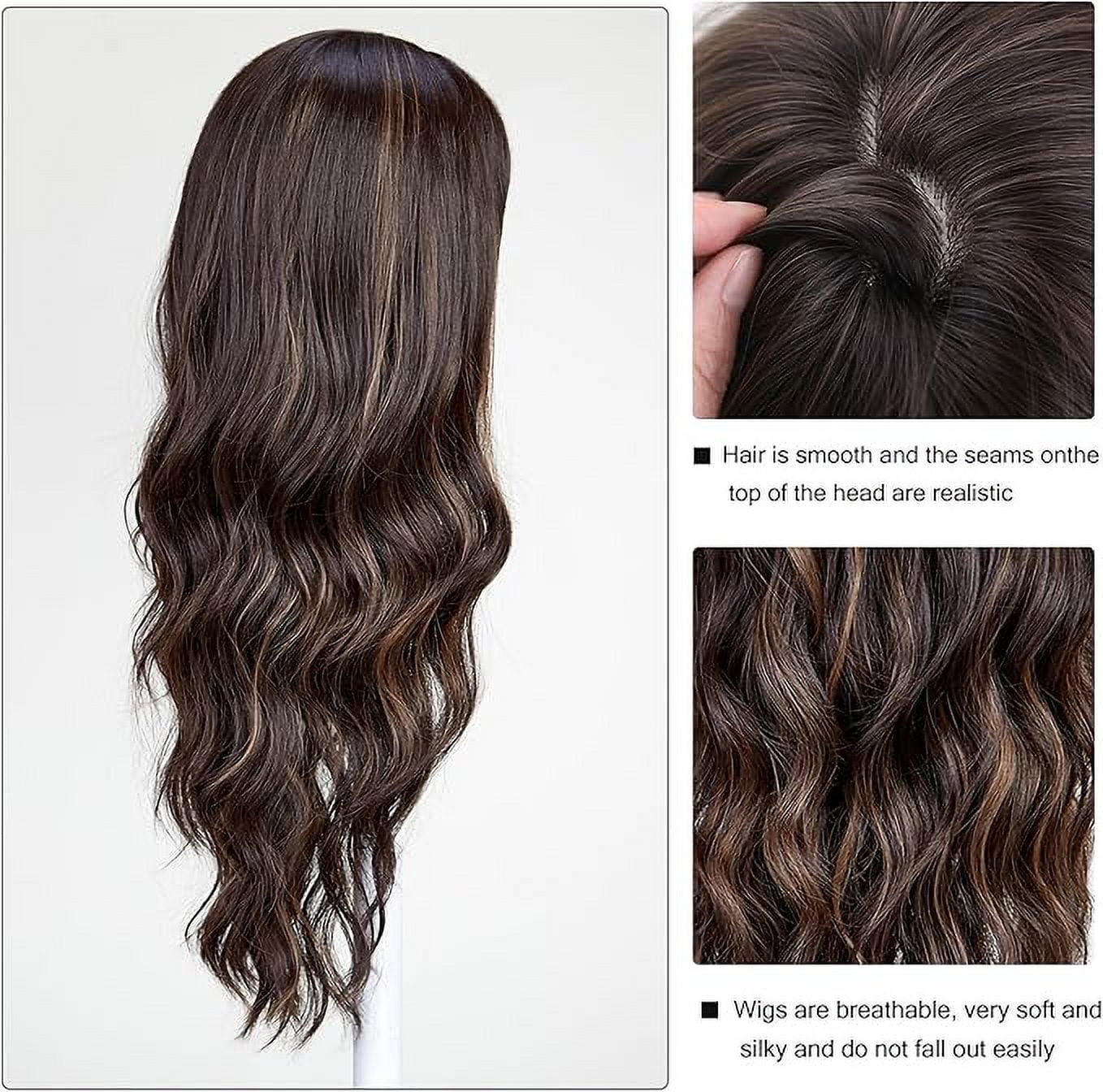 Long Curly Brown Highlight Wigs With Bangs Wig for Women Synthetic Hair Wig for Party Cosplay Daily Use -26 inches
