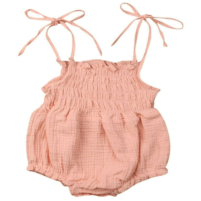 Newborn Infant Baby Girl Cotton Sling Solid Color Lace Stretch Ruched Jumpsuit Wine Red 0-3 Months
