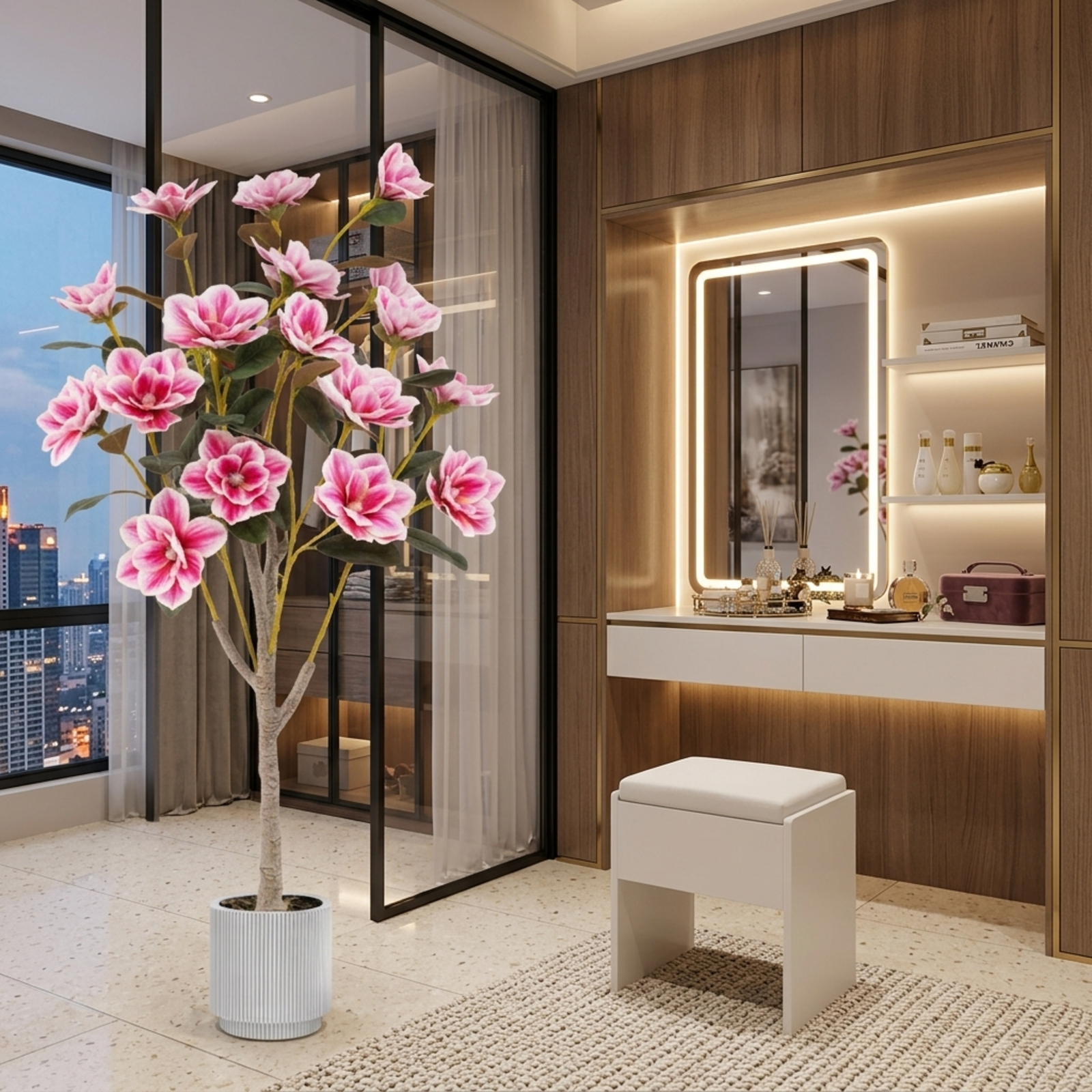 Vebreda 51 in Artificial Magnolia Tree, Faux Potted Flowering Plant with 18 PEVA Magnolia Blooms and Cement-Filled Pot, Indoor Home Office Wedding Decor, Pink