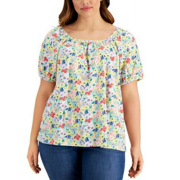 Style & Co Plus Size Cotton Printed Off The Shoulder Top White Meadow 1X