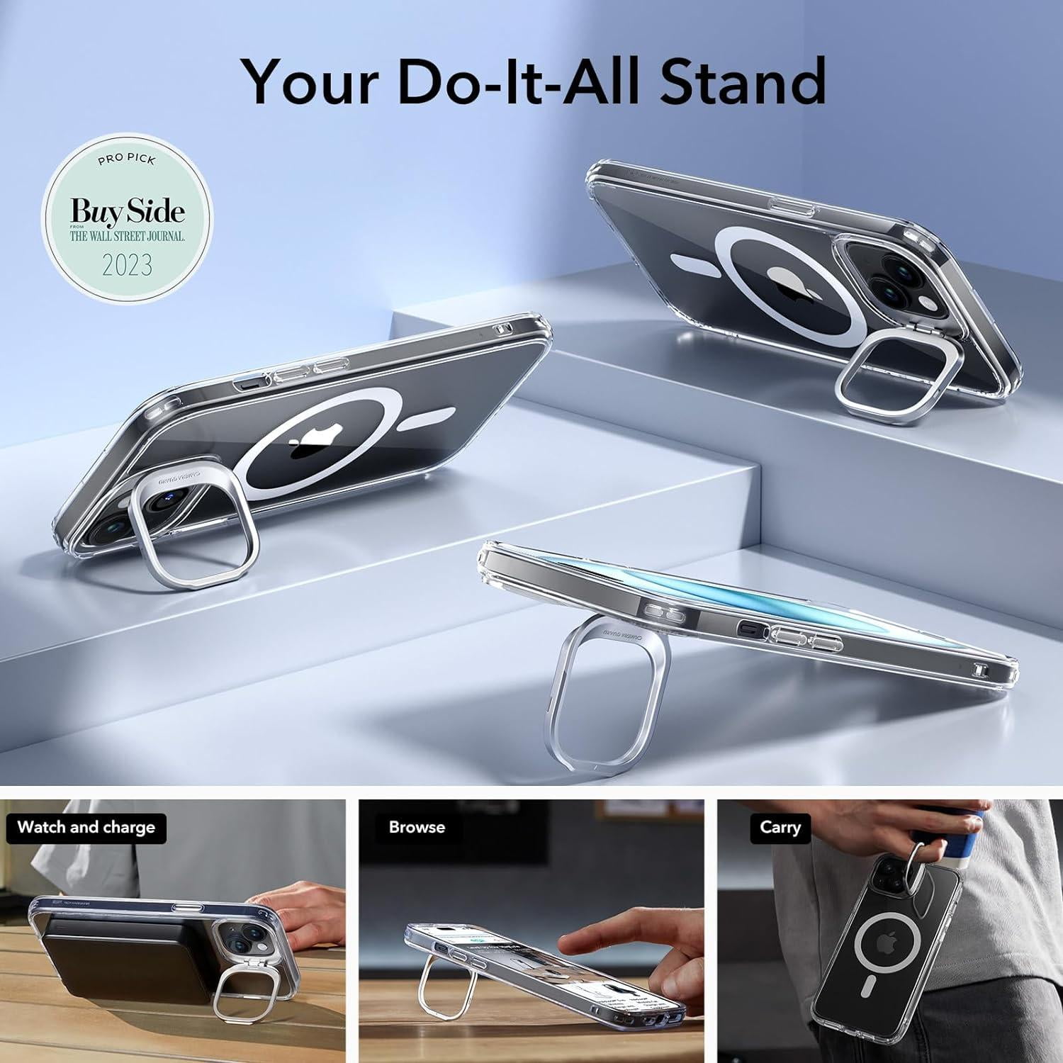 ESR MagSafe Bumper Cell Phone Case with Stash Stand for iPhone 15 Plus, Clear