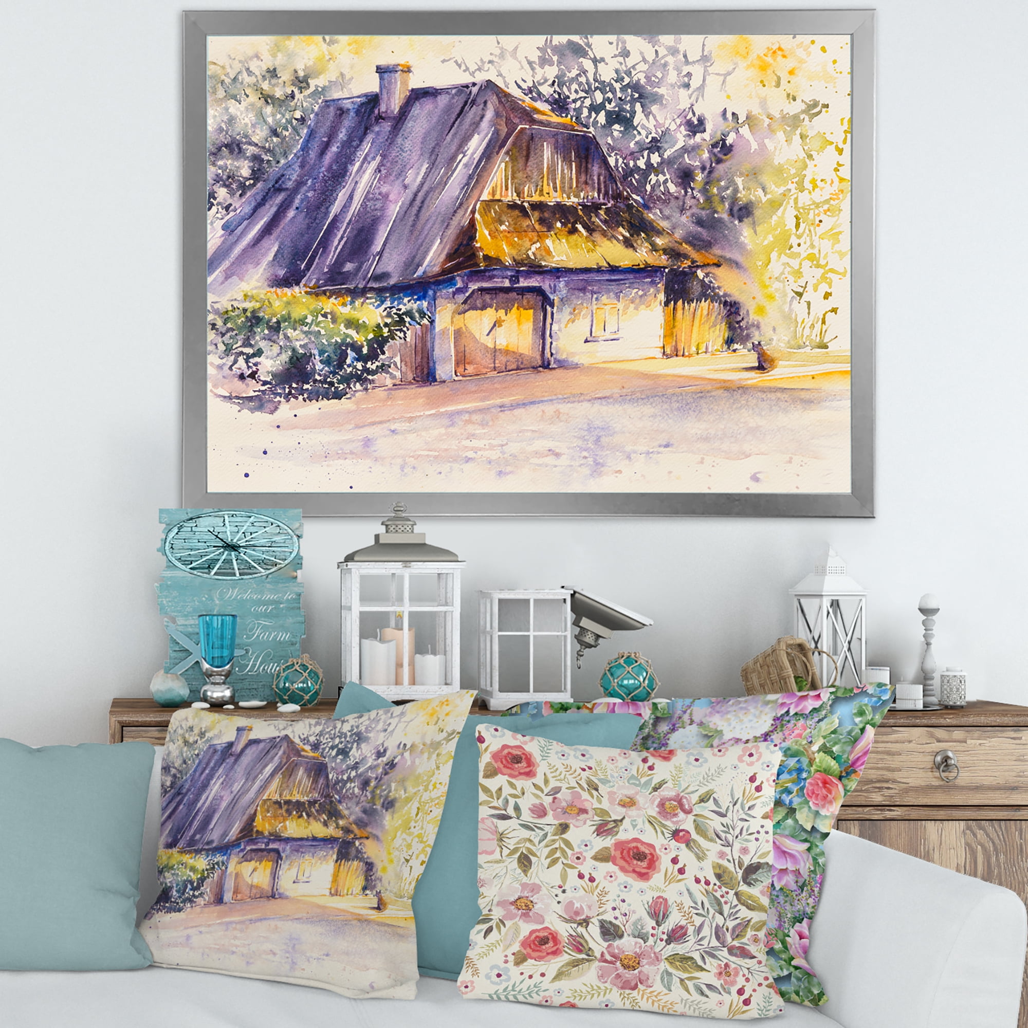 Old Wooden White House In Country Side Village During Afternoon Glow 32 in x 16 in Framed Painting Canvas Art Print, by Designart