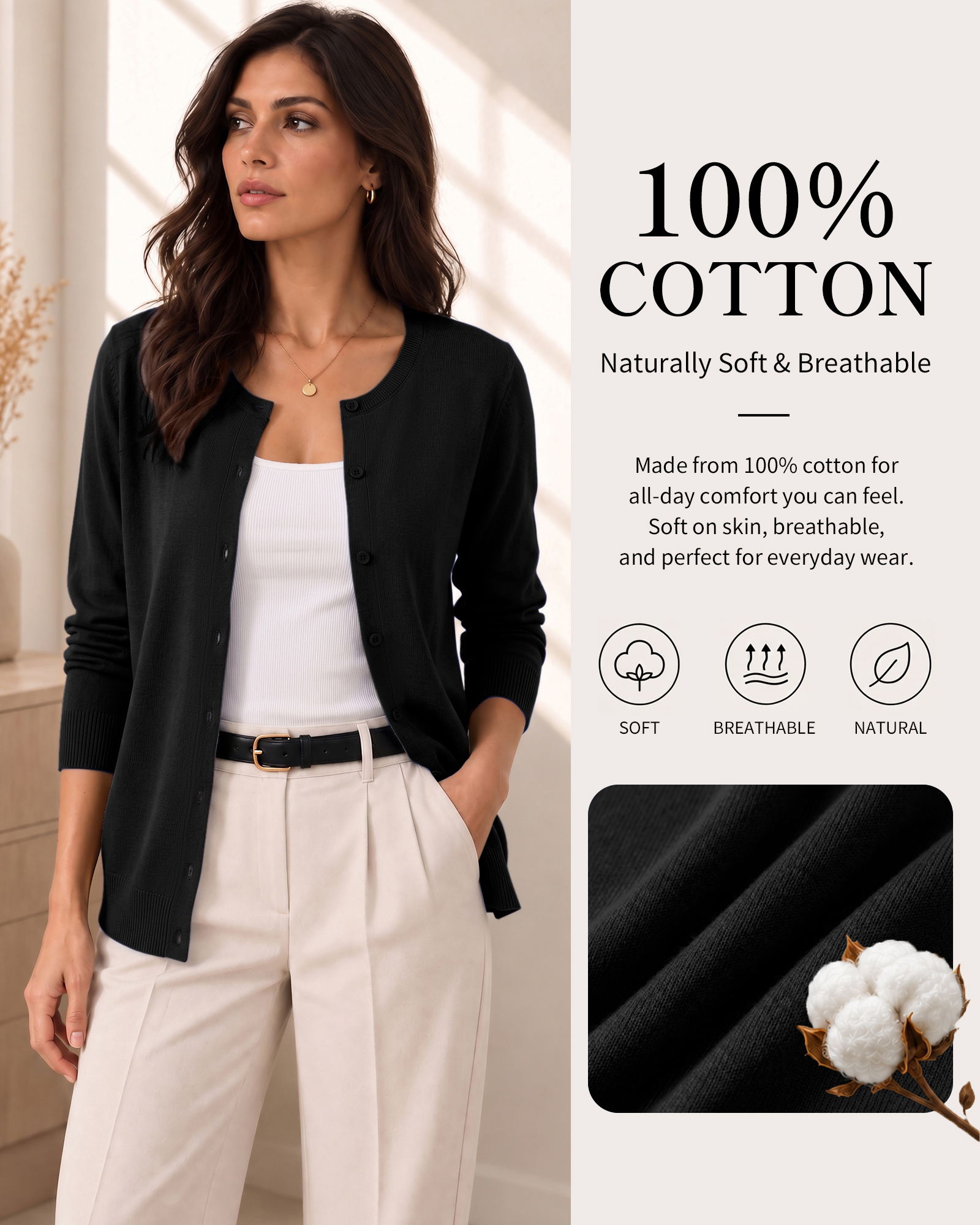 QUALFORT Women's 100% Cotton Button-Front Cardigan Sweater photo 2
