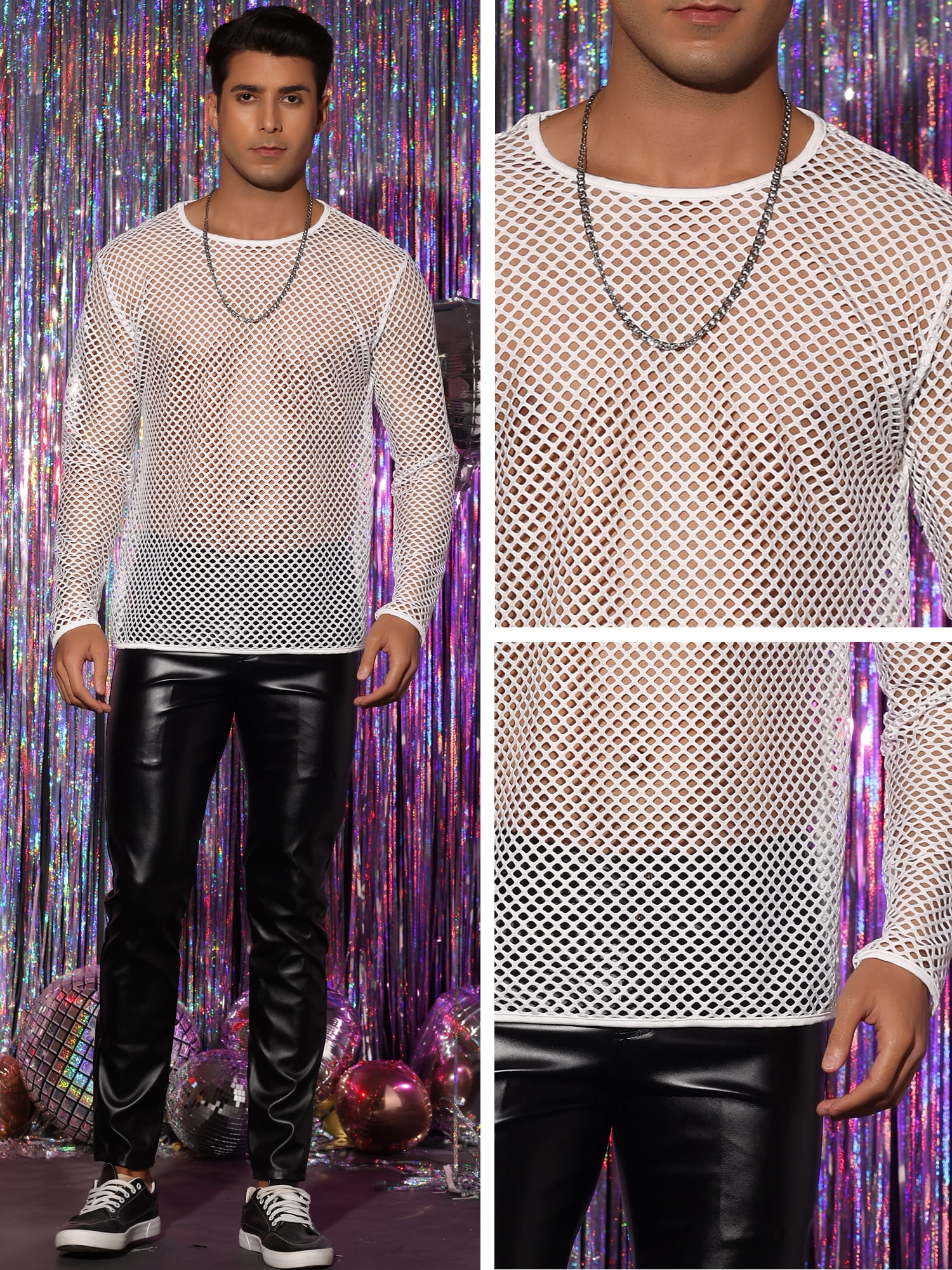 Unique Bargains Men's Mesh T-Shirt Long Sleeves Club Party See Through Sheer Top Tee M White