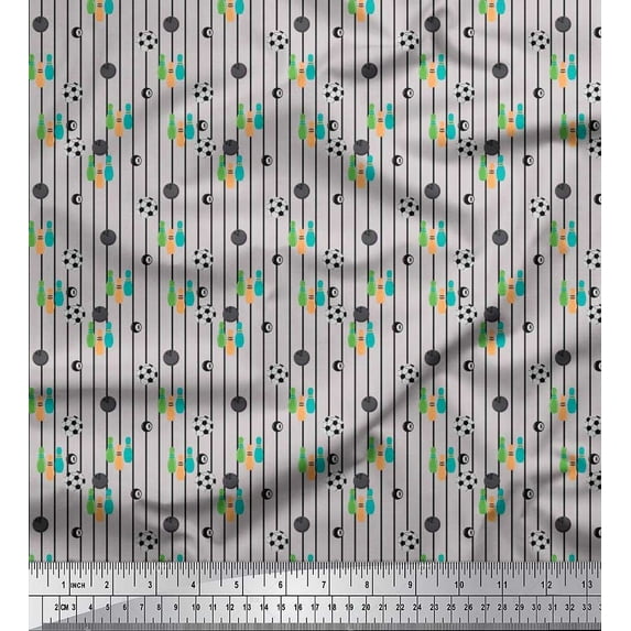 Soimoi Rayon Fabric Stripe,Bowling Pins Ball & Football Sports Decor Fabric Printed Yard 42 Inch Wide
