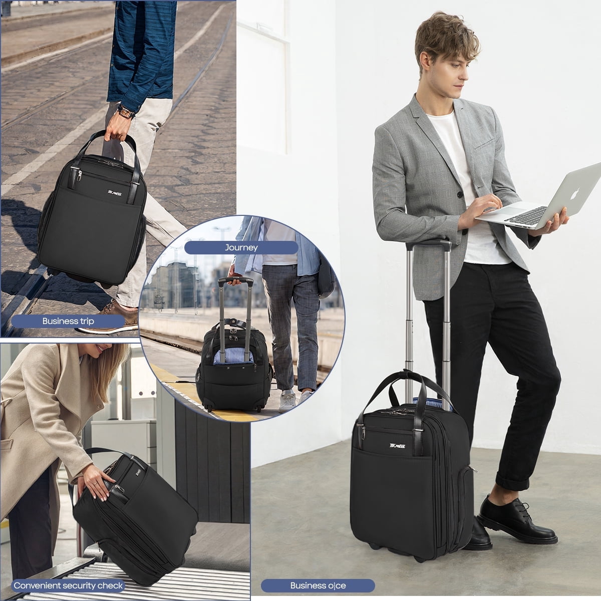 16" Underseat Carry on Luggage for Airplane, Softside Small Rolling Suitcase,Lightweight Personal Item Travel Bag, Black - XJ5011