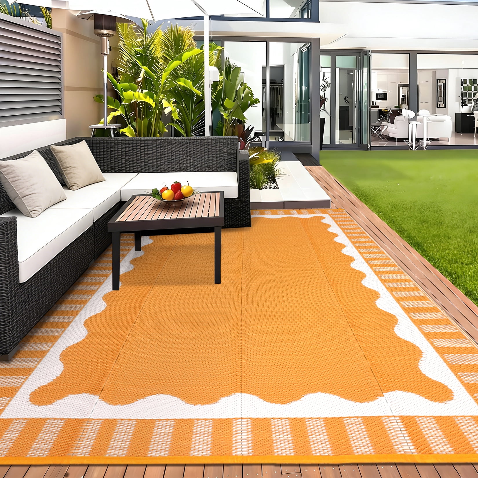 Garvee 9x12ft Outdoor Rug Modern Simple Reversible Area Rug, Plastic Straw Rug Waterproof Outdoor Carpet with Bordered Design for Patio Backyard Camping Beach RV Porch, Orange
