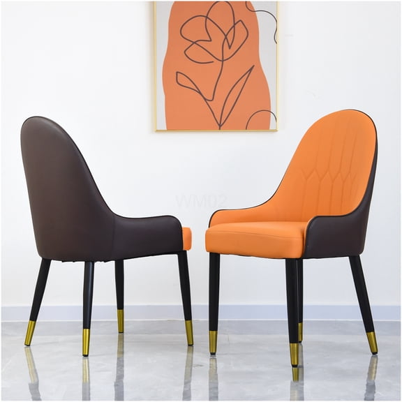 Modern PU Leather Dining Chairs Set of 2, Orange Brown Upholstered Side Chairs with Solid Wood Legs for Kitchen, Dining Room