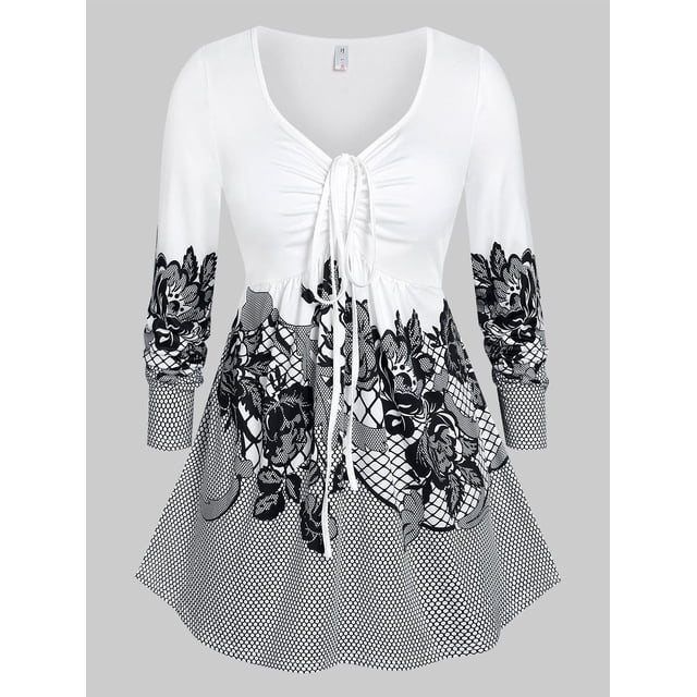 Floral Cinch Frente en V Cuello más grande Top Top Rosegal Mangas largas de talla grande