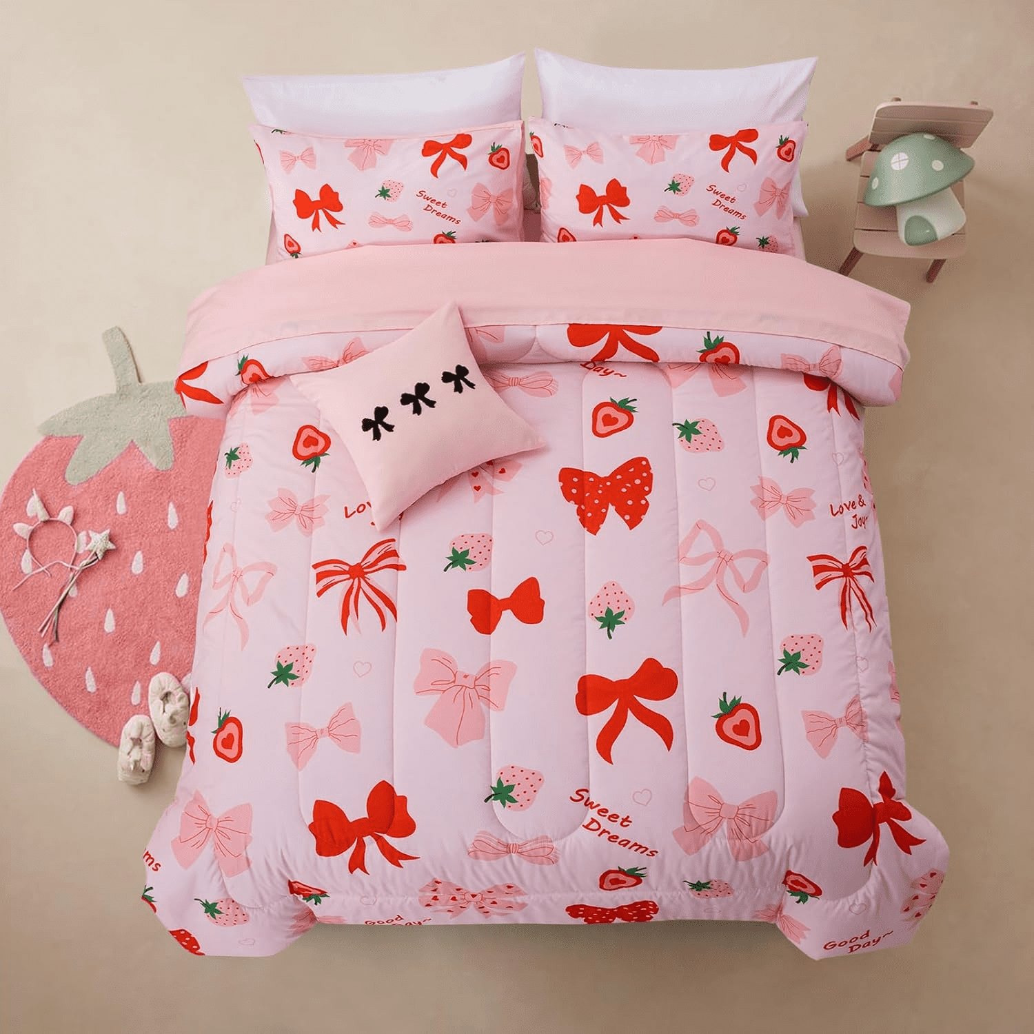 Erosebridal Pink Christmas Bedding Set 7 Piece - Full Size Snowflake Comforter Set For Girls & Teens