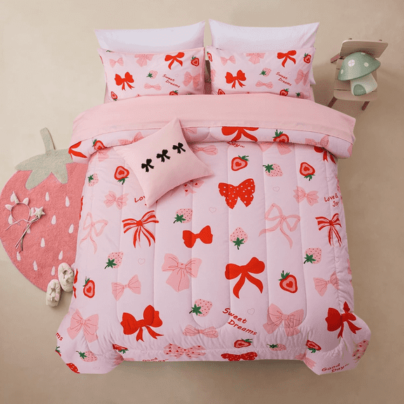Btargot 6 Piece Bows Strawberry Twin Comforter Set for Girls Cute Princess Pink Bed-in-a-Bag