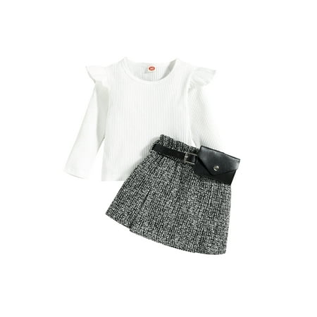

Bagilaanoe 2Pcs Toddler Baby Girls Skirt Set Long Sleeve Loose Ruffle T Shirt Tops + Mini Skirt with Waist Bag 12M 18M 24M 3T 4T 5T Kids Fall Casual Outfits