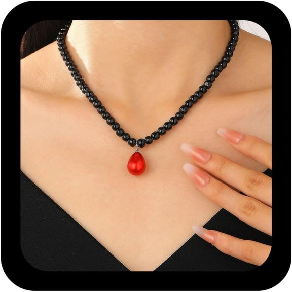 Vintage Teardrop Pearl Pendant Necklace Red Beaded Strand Necklace Choker Red Beads Toggle Clasp Necklaces Jewelry for Women