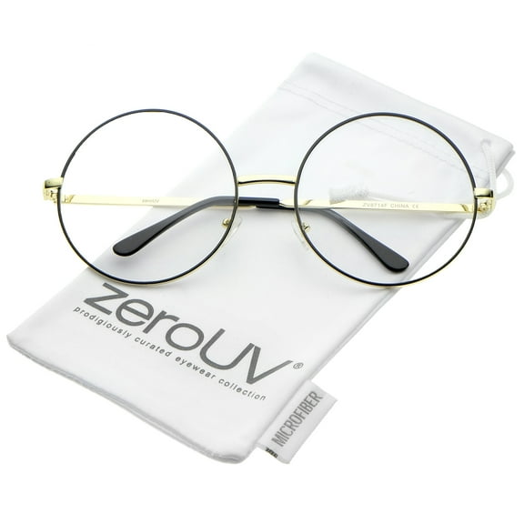 zeroUV Unisex Oversize Metal Frame Slim Temple Clear Lens Round Eyeglasses 60mm (Black-Gold / Clear) - 60mm