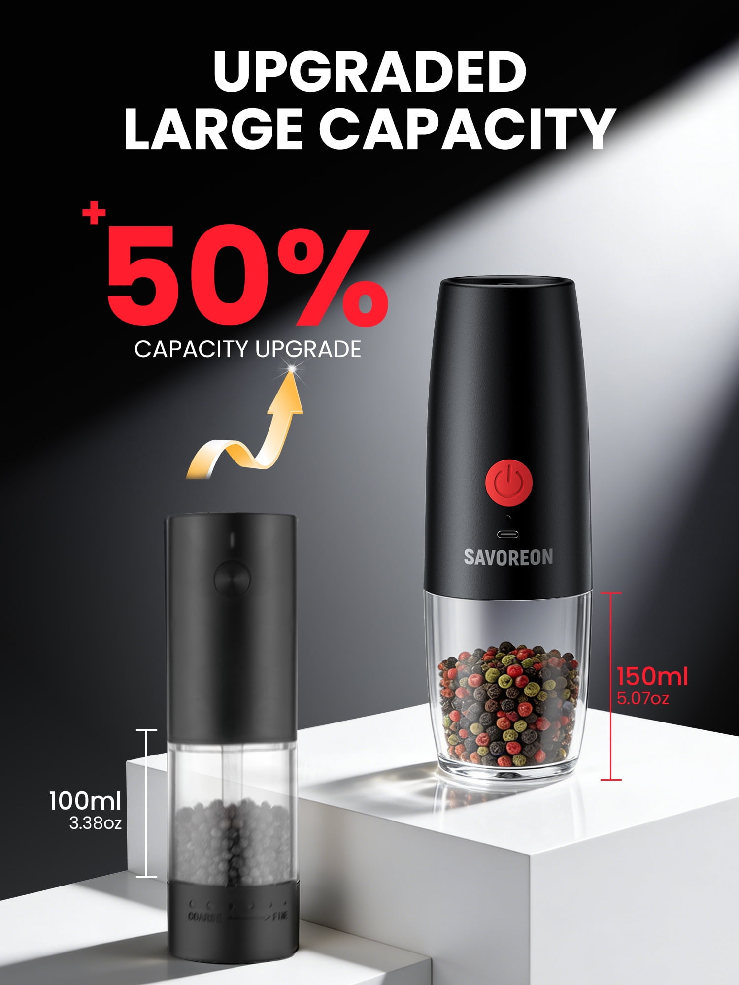 Rechargeable Electric Salt and Pepper Grinder Set, Automatic Pepper Mills with 150ml Container, External Adjustable Coarseness, White Led Light and One-Handed Operation, Black