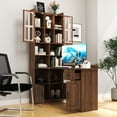 thumbnail image 2 of Corner Computer Desk with Hutch and Drawers, 2-in-1 L-Shaped Office Desk with Bookshelf for Work and Study, Walnut, 2 of 8