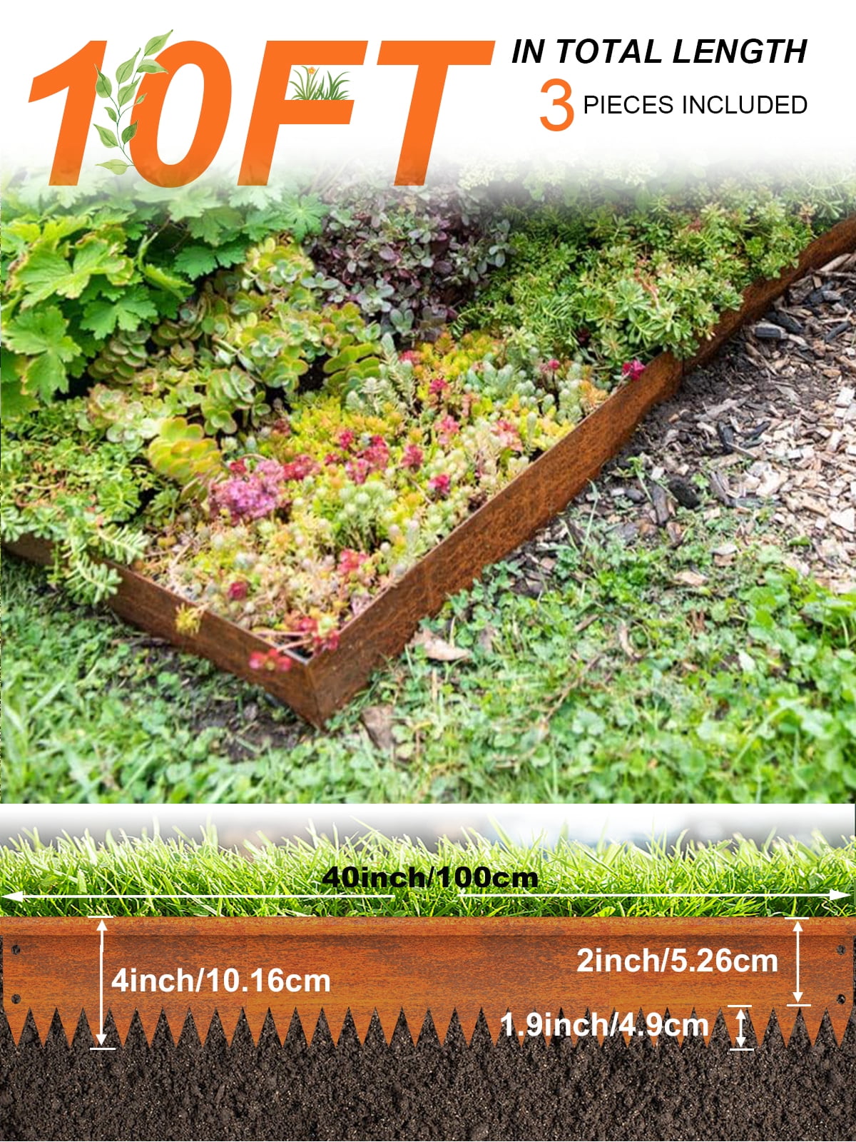 Vinci Landscape Edging Border, 40" L x 4" H 3Pack 10FT Total Rusted Corten Steel Garden Edging with Spikes, Sturdy Elegant Metal Lawn Broder for Flower Beds, Pathways, Paver Edges and Yard