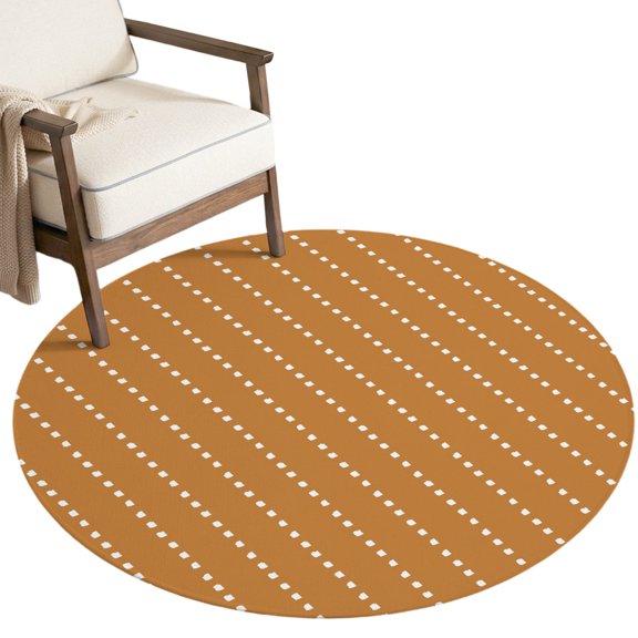 Vertical Lines Round Area Rug 8ft Modern Abstract White Dashed Pattern Ochre Non-Slip Washable Circle Rugs Soft Felt Indoor Floor Mat for Bedroom Kitchen Living Room Bathroom