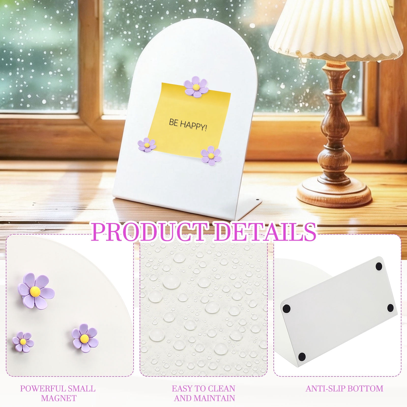 Uxcell 2 Pcs Magnetic Bulletin Board, Memo Magnet Display Stand Board with 6 Flower Magnets for Home Office Kitchen, White/Purple