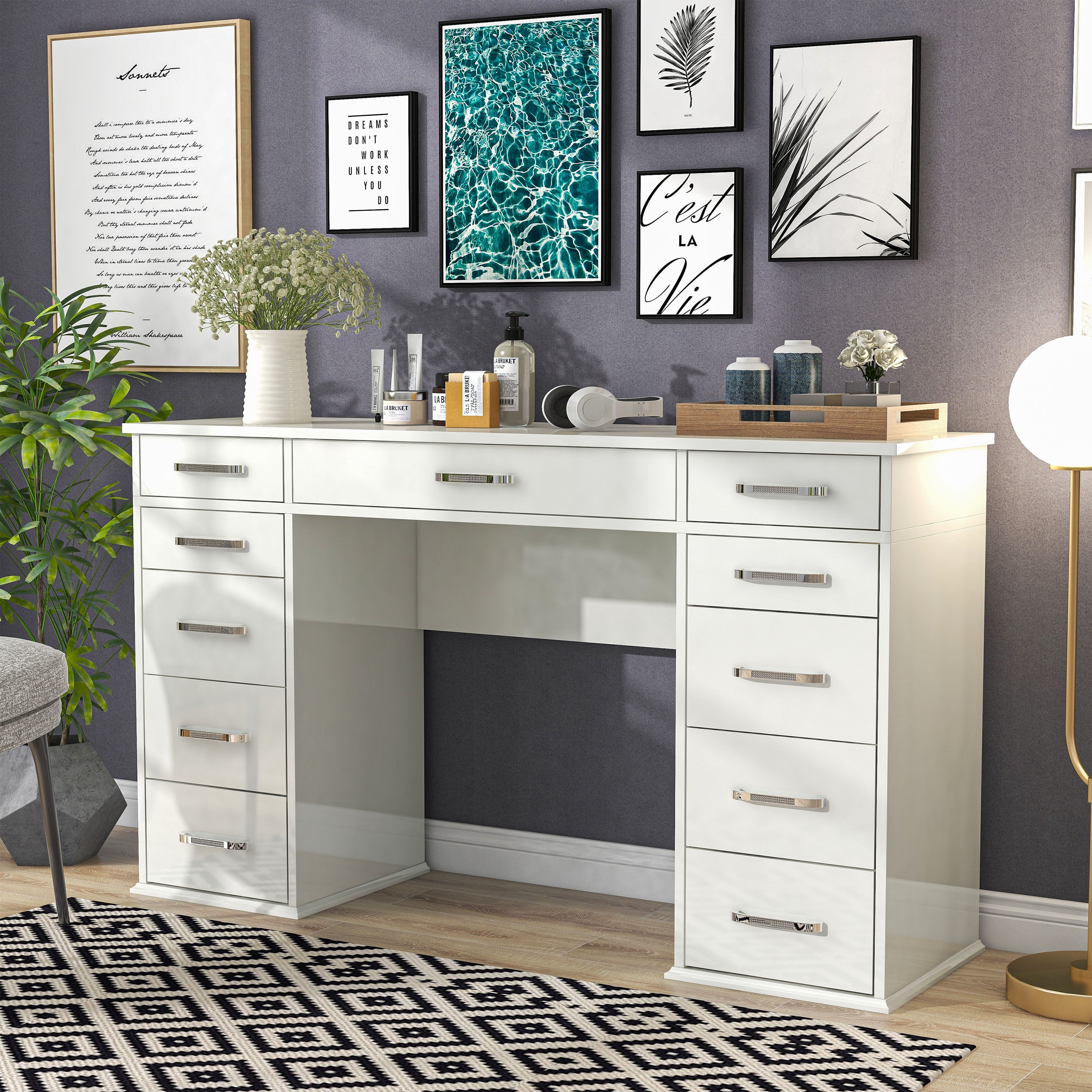 Furniture of America Olive White 11 Drawer Makeup Vanity Wood Table