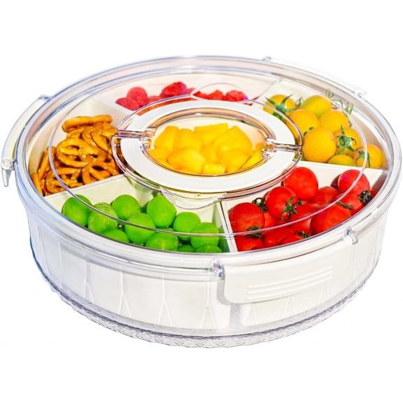 Snackle Box Container, Divided Serving Tray 360° Rotatable with Lid and Handle, Platter Round Portable Storage Organizer for Fruit, Candy, Veggie, Nuts, Spices& Snacks, Perfect for Party or Travel