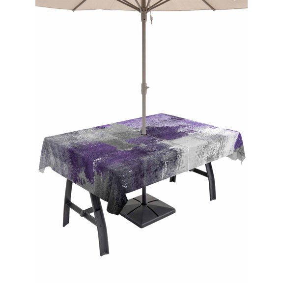 Purple Grey Outdoor Tablecloth with Umbrella Hole, Abstract Art Oil Painting Modern Geometric Spillproof Waterproof Outdoor Table Cover, Patio Tablecloths for Party Picnic Camping, Rectangle 52"x70"