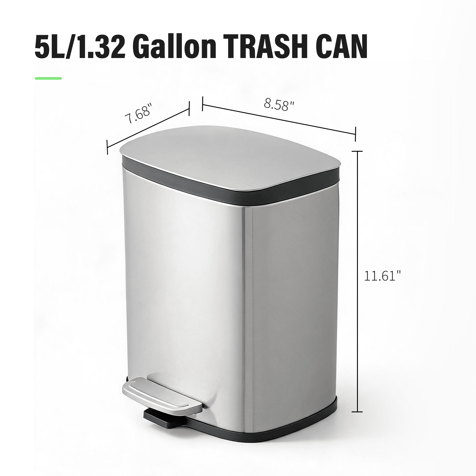 Simplykleen 5L/1.32 Gallon Rectangular Step Trash Can Stainless Steel Garbage Can with Removable Inner Bucket and Side Handle for Bathroom, Bedroom, Office, Silver