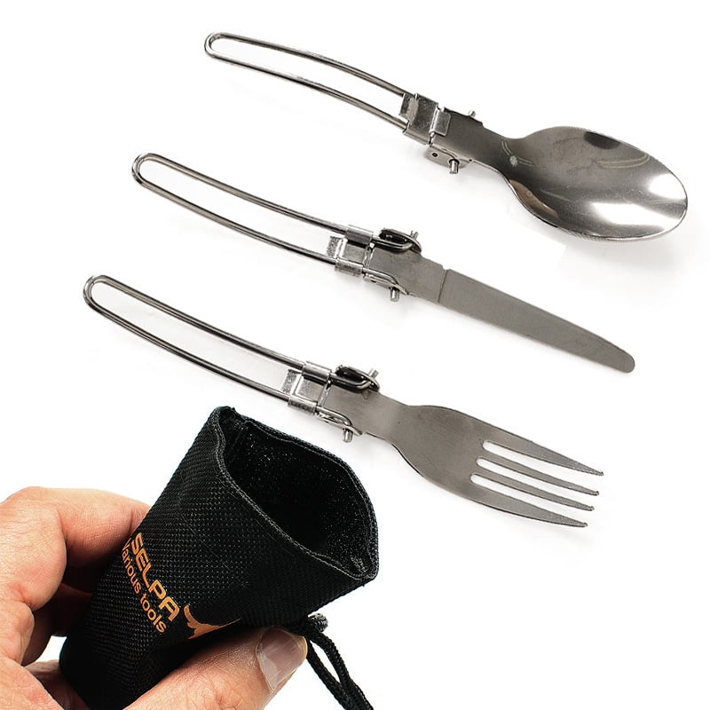 Box 3Pcs Travel Camping Hiking Picnic Folding Cutlery Set Fork Spoon Utensil 