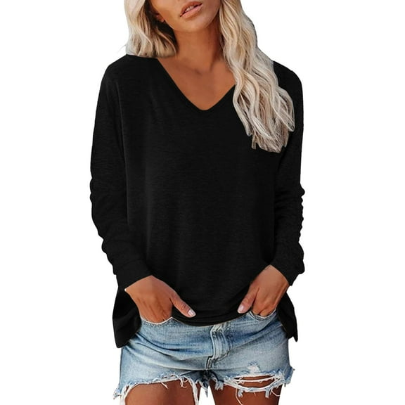 Women's Long Sleeve Tunic Tops V Neck Fall Fashion Solid Basic Tee Shirts 2025 Casual Lightweight Business Work Blouses