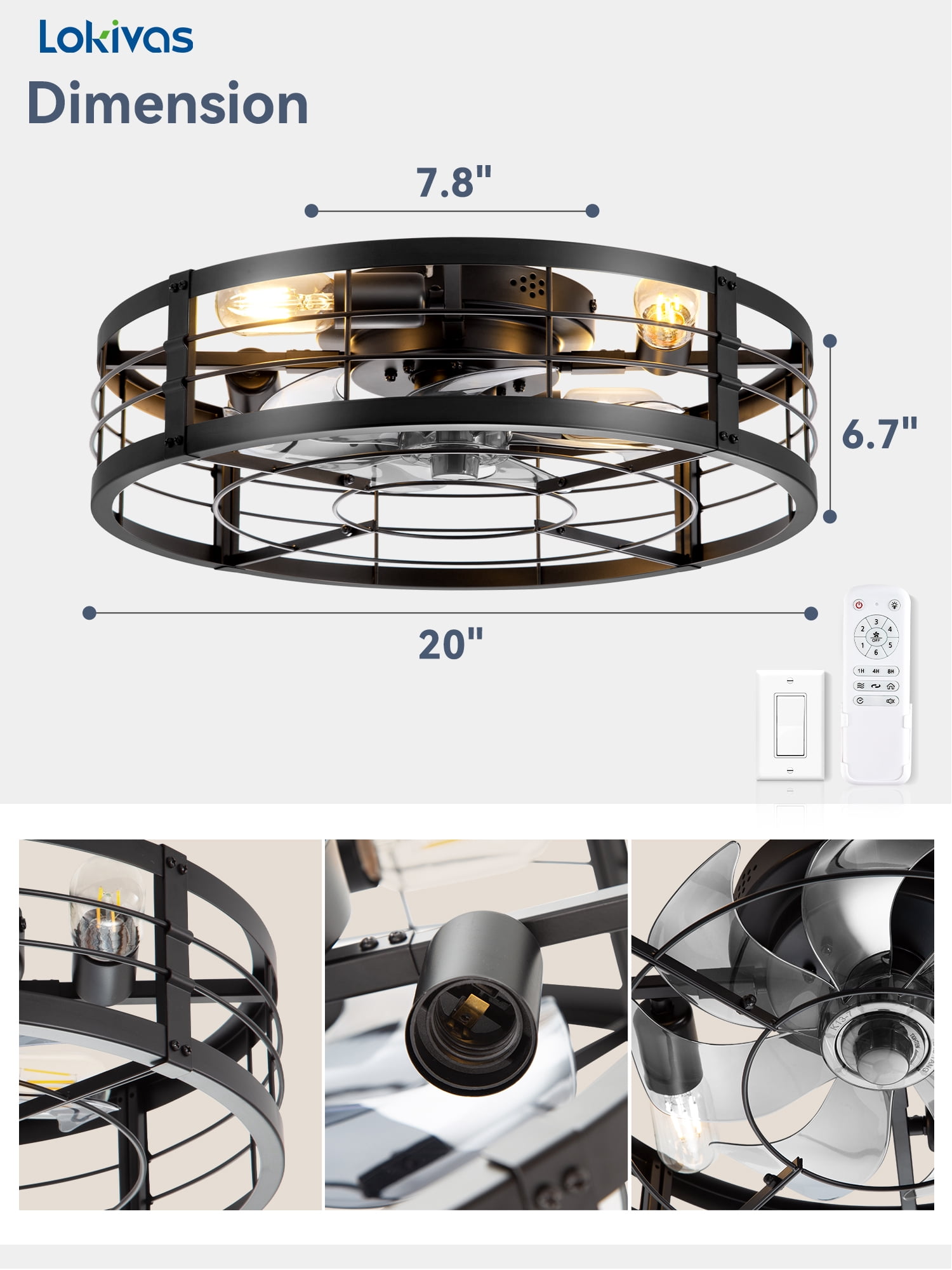 Lokivas 20in Flush Mount Ceiling Fans with Light, Quiet DC Motor, 6 Speeds & Remote Control