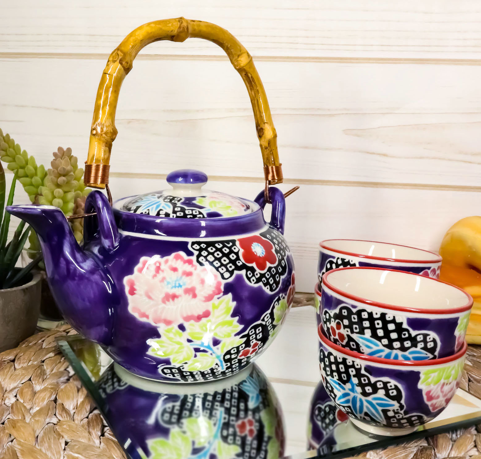 Space Purple Victorian Colorful Large Floral Blooms 25oz Tea Pot With 4 Cups Set - image 1 of 7