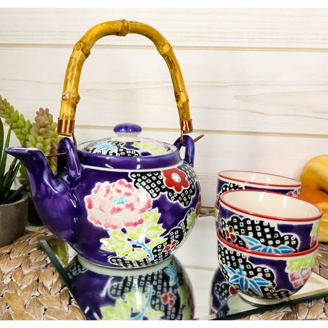 Space Purple Victorian Colorful Large Floral Blooms 25oz Tea Pot With 4 Cups Set