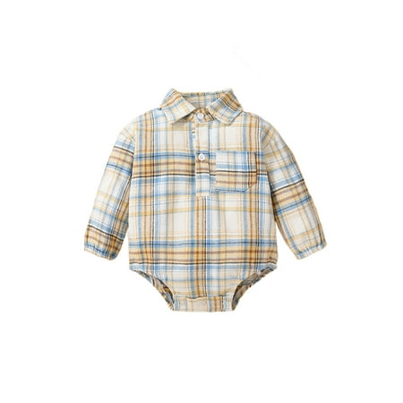 

QILINXUAN Baby Boy Romper Long Sleeve Turn-down Collar Button Closure Plaid Fall Bodysuit for Casual Daily