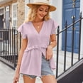 thumbnail image 4 of Jdlsppl Women's V Neck Blouse Short Sleeve Shirt Deep V Neck Soft Tops Button Down Summer Lightweight Elegant Tshirt Purple Large, 4 of 4
