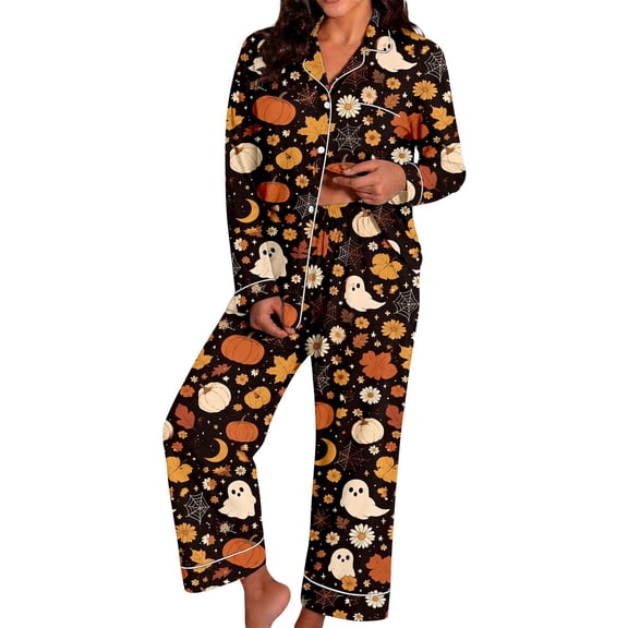 Womens Halloween Pajamas Long Sleeve Shirt Long Pants Breathable Nightwear 2 Piece Women Pajama Sets Black L