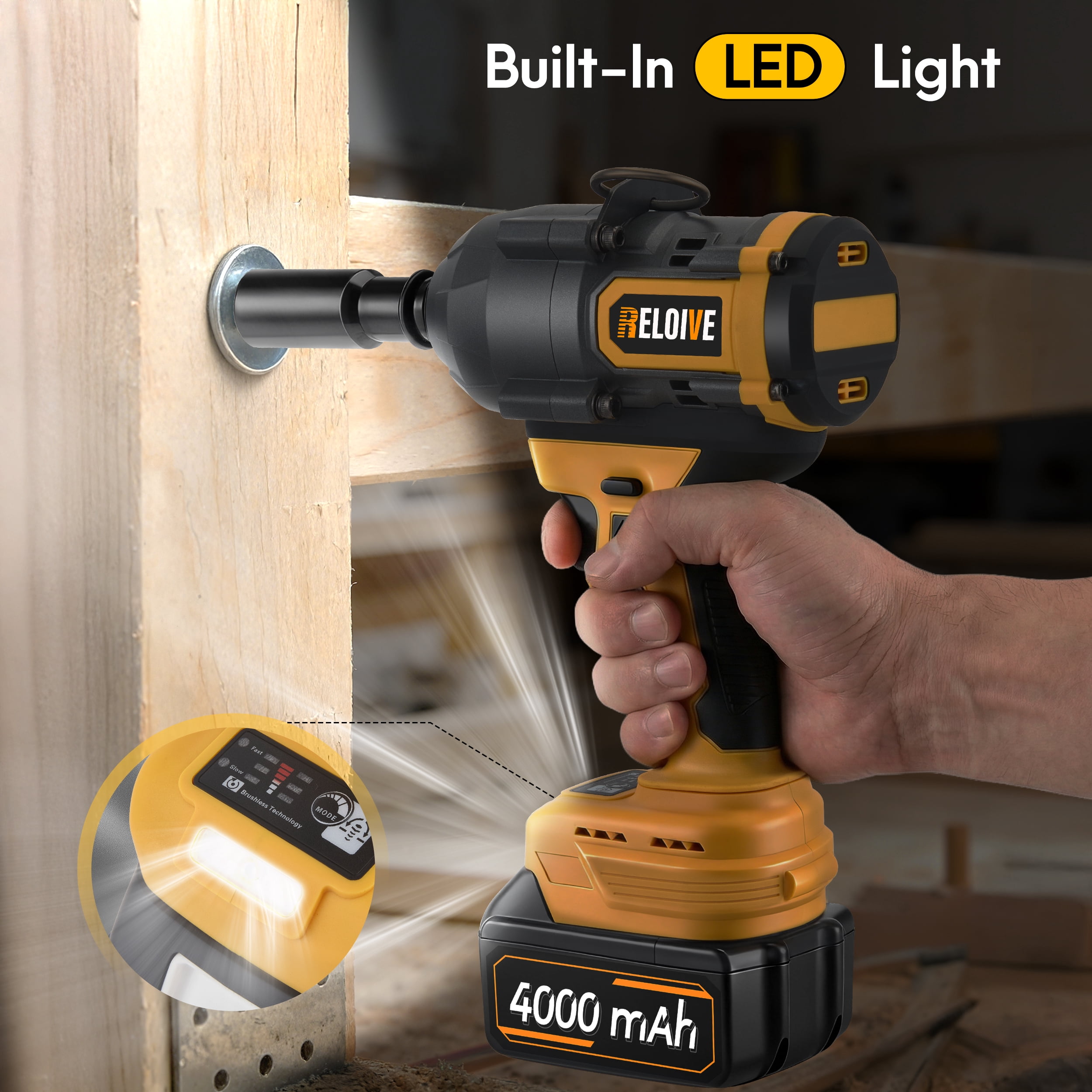 RELOIVE Cordless Impact Wrench Kit,885 FT-lbs(1200N.m) Max Torque,1/2" Heavy-Duty Brushless Motor,4-IN-1 Electric Impact Driver,2 x 4.0Ah Batteries for Car Home Repair