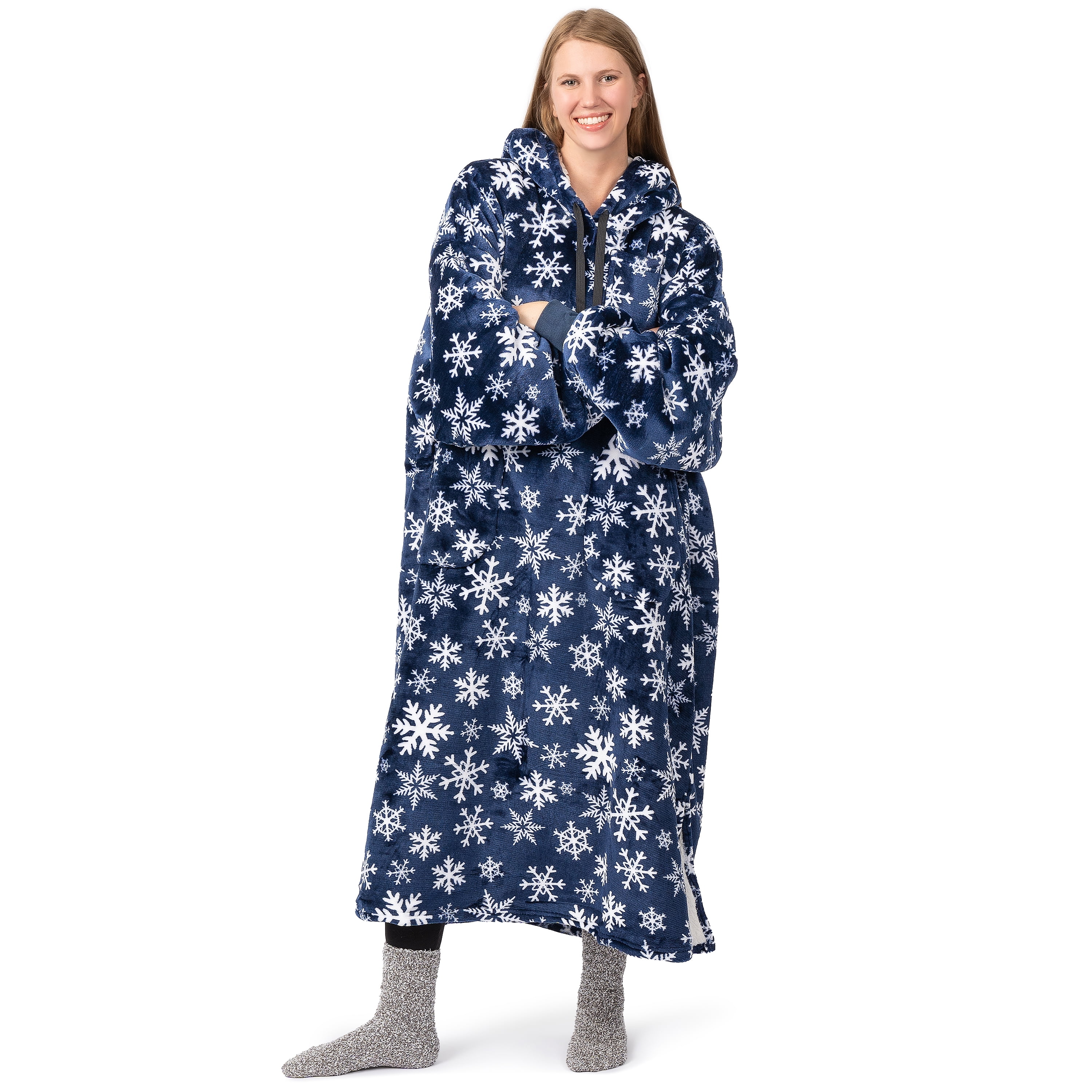 PAVILIA Blanket Hoodie for Women Blue, Sherpa Wearable Blanket Men, Cozy Oversized Sweatshirt Blanket, Warm Fleece Hooded Blanket Sweater with Sleeves and Two Big Pocket, Adult Long, Blue Snowflake