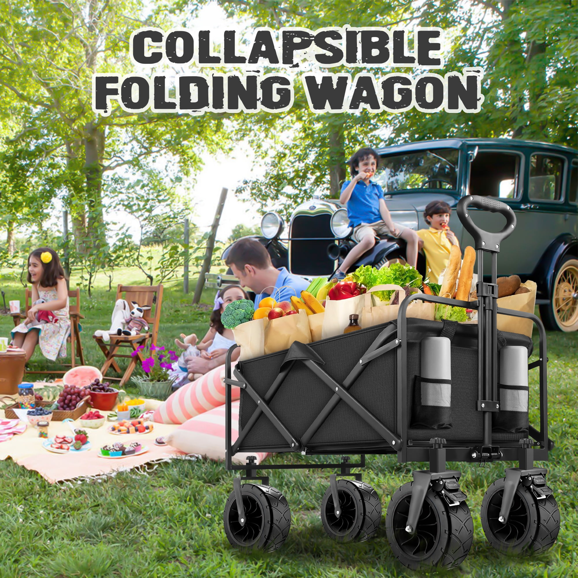 Qunler 560lbs Collapsible Folding Wagon, Big Bucket Beach Cart,  Heavy Duty Large Capacity Garden Wagon with Multi-Terrain Brake Wheels for Outdoor Camping, Shopping, Sports, Grocery, Kids, Black
